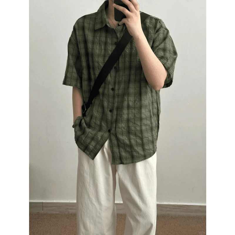 军绿色格子短袖衬衫男夏季薄款速干凉感衬衣格纹翻领防晒情侣外套