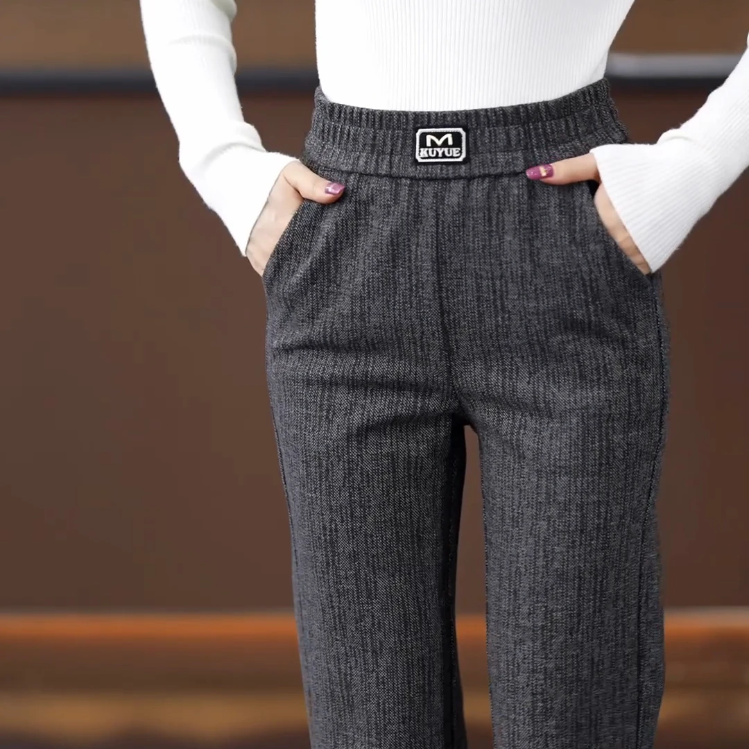 中老年弹力微喇裤女2025春季高腰直筒休闲外穿加厚显瘦宽松松紧腰