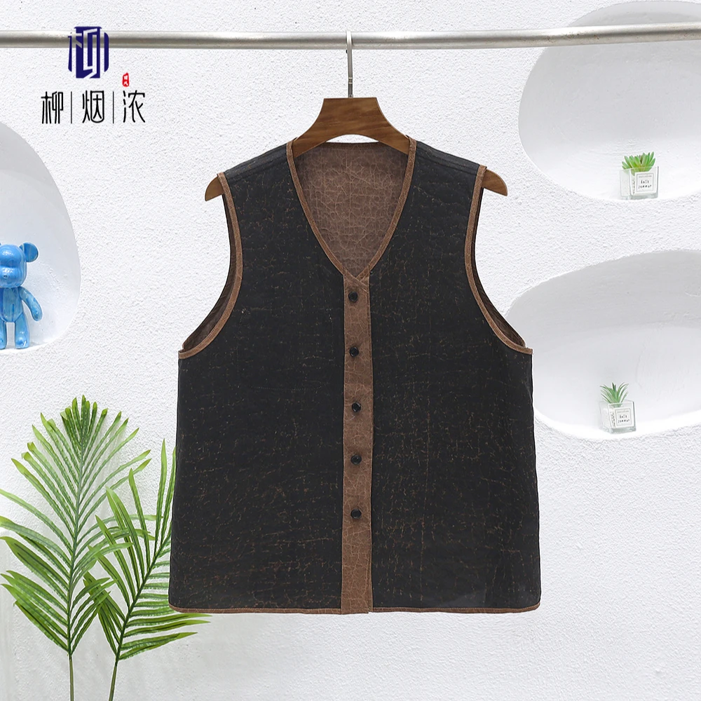 【柳烟浓】100%桑蚕丝双面双穿龟裂纹香云纱马甲国风V领男女背心