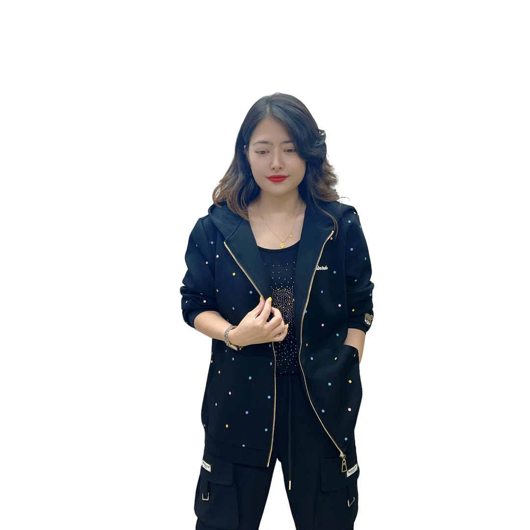 6657时尚休闲宽松印花百搭显瘦气质女士连帽外套波点上衣