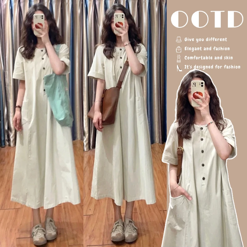 时髦舒适孕妇装夏季新款洋气简约宽松日常通勤休闲孕妇衬衫连衣裙