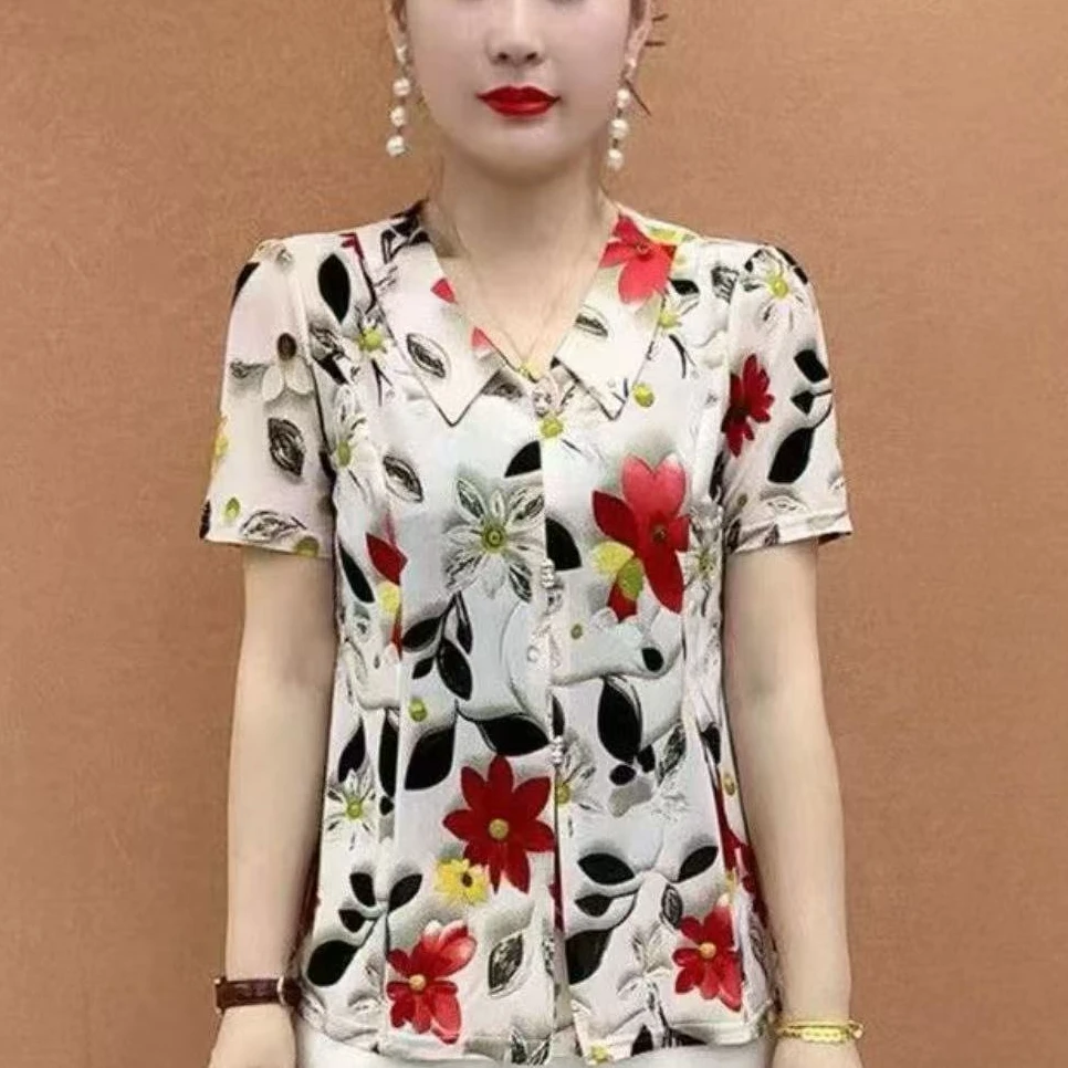 中老年妈妈装夏季新款洋气宽松T恤显瘦时尚遮肚印花中短袖上衣女