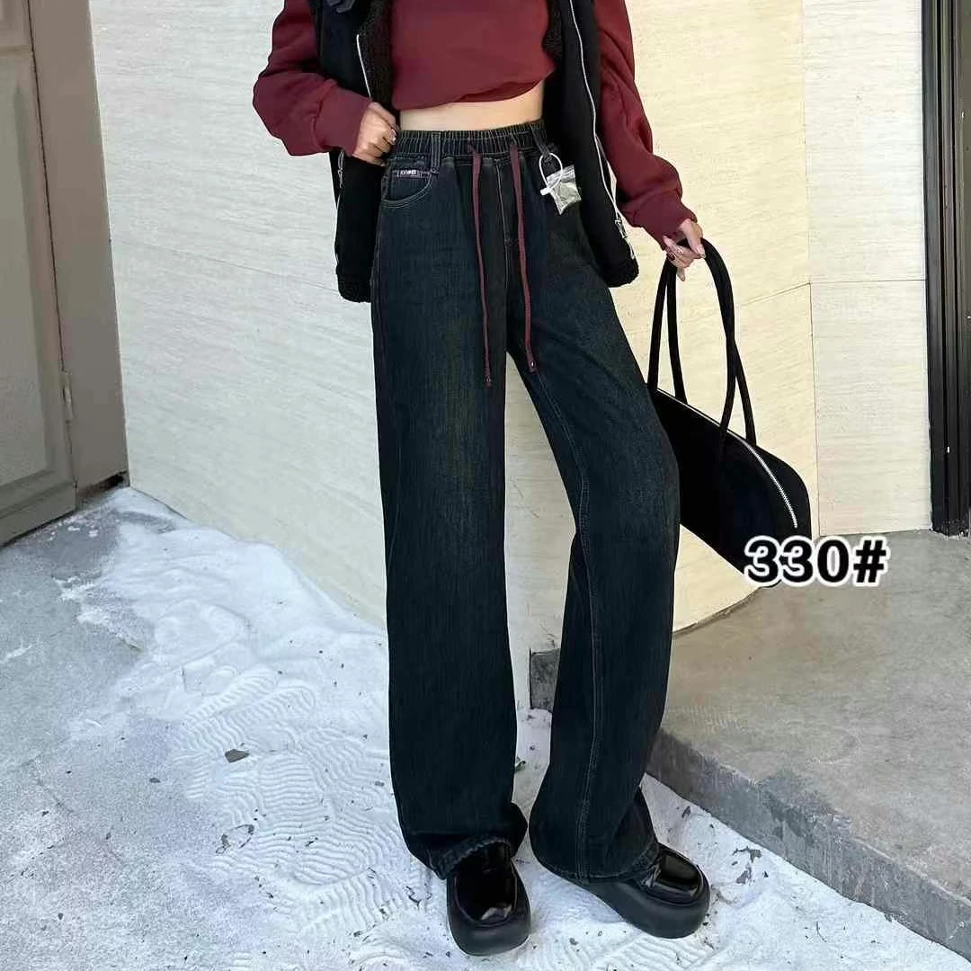 松紧腰加绒直筒牛仔裤2024女秋冬小个子裤子女胖mm大码显瘦阔腿裤