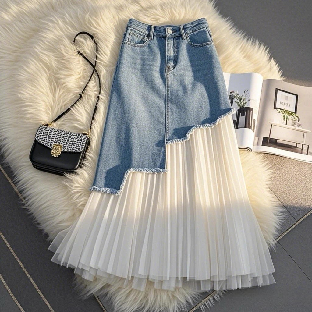 2025夏季爆款多巴胺蓝色牛仔半身裙子设计感气质网纱拼接a字裙女