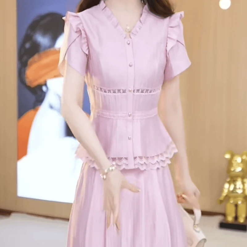 A133【上衣+半身裙】2025夏季新款时尚花边领收腰显瘦洋气两件套