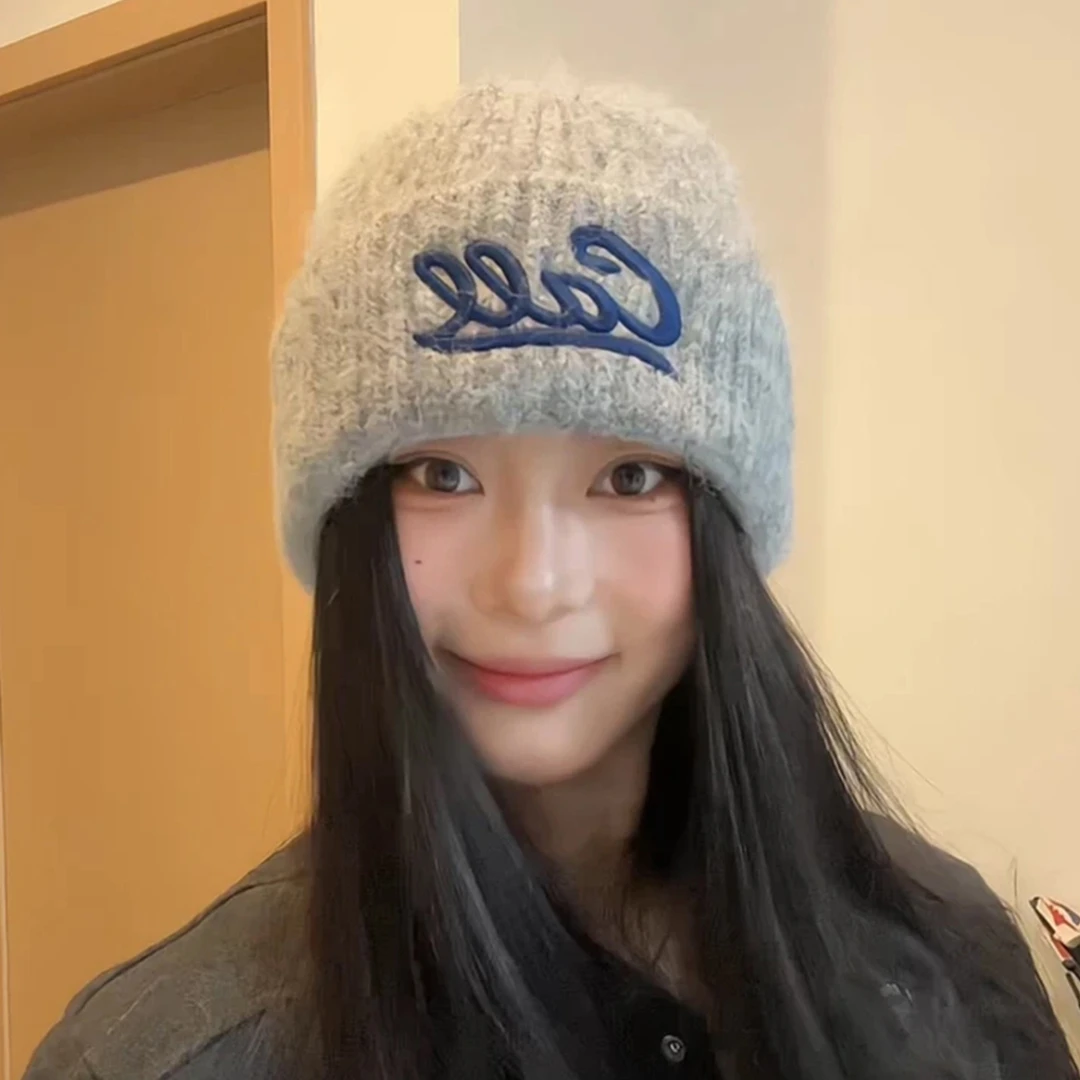 韩系ins刺绣字母针织帽子女秋冬季新款保暖护耳百搭毛线帽大头围