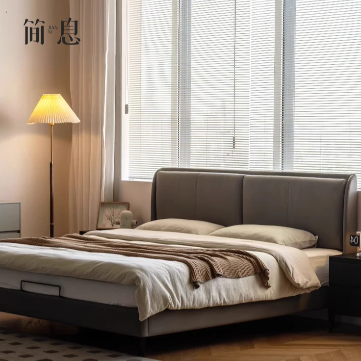 简息皮艺床双人软皮储物床大床简约风轻奢实木床意式北欧弹力