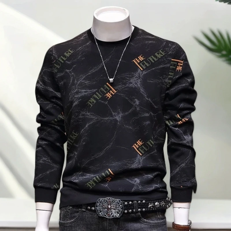 秋季2024新款韩版潮流修身青年圆领套头印花帅气高级感男装