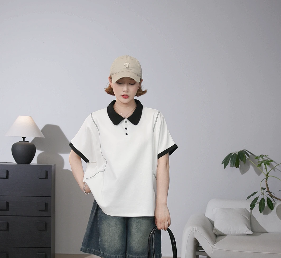 【兜兜家】简约新款撞色拼接遮肉POLO衫