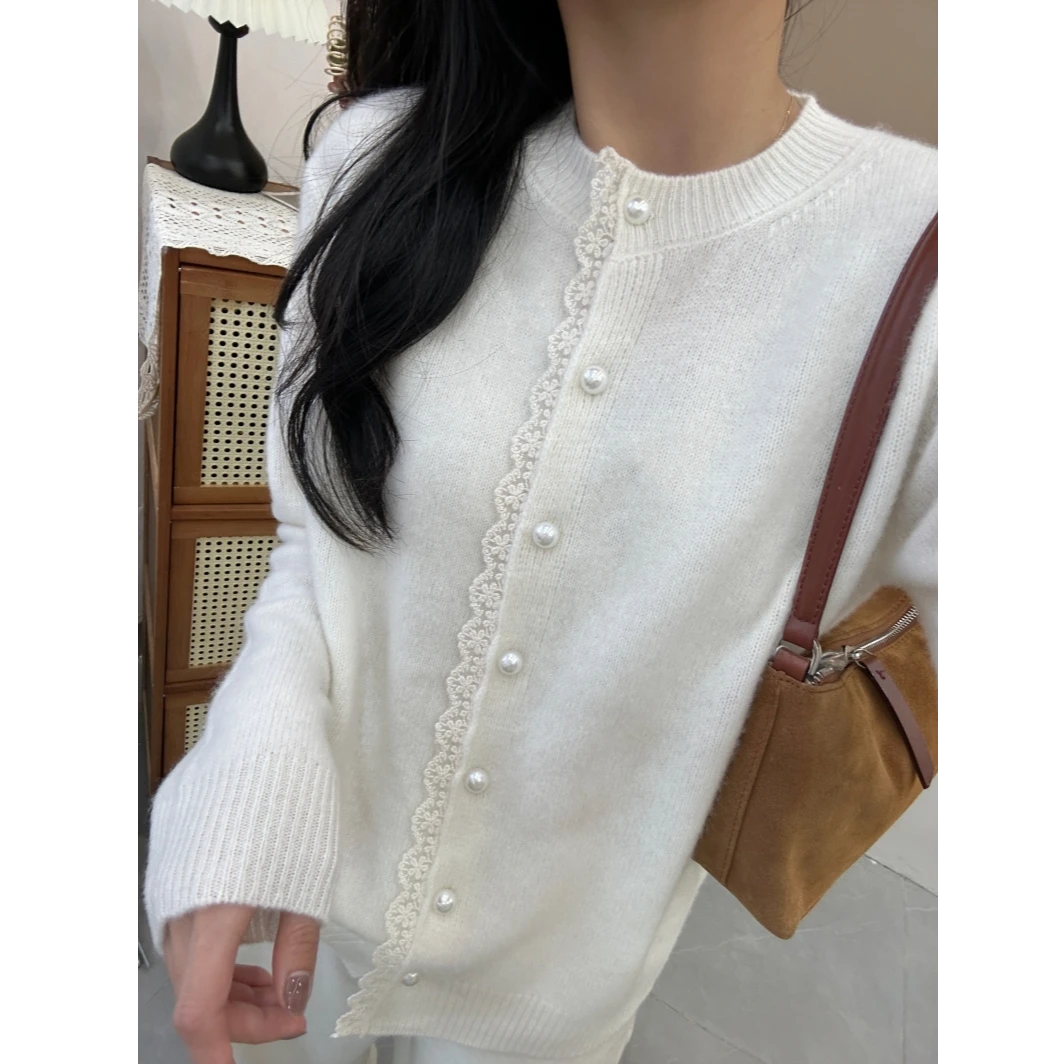 小香风蕾丝花边全羊毛韩版圆领软糯针织开衫小香风新显瘦毛衣外套