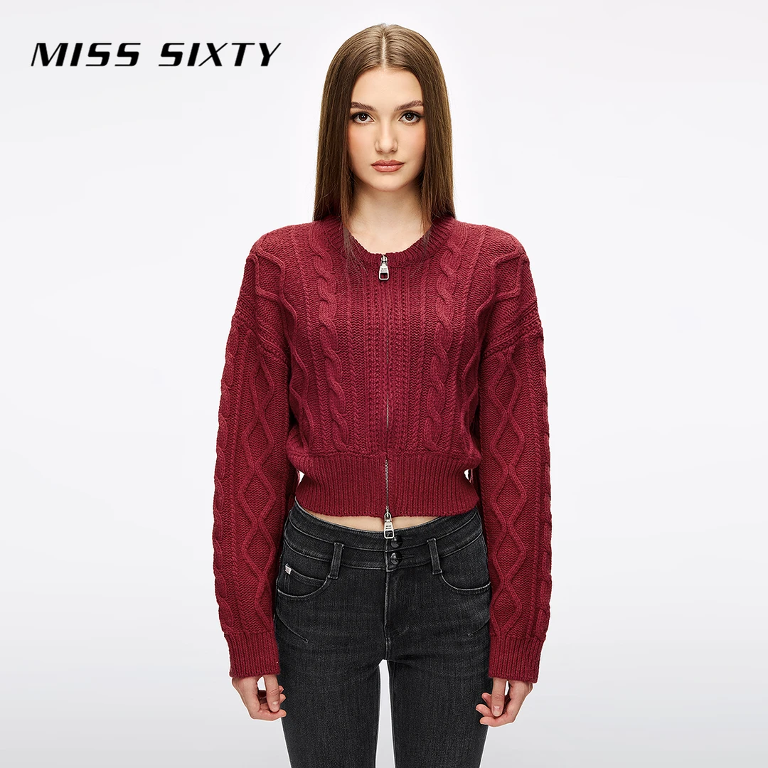 Miss Sixty2025冬季新款针织外套女羊毛短款复古麻花拉链慵懒毛衣
