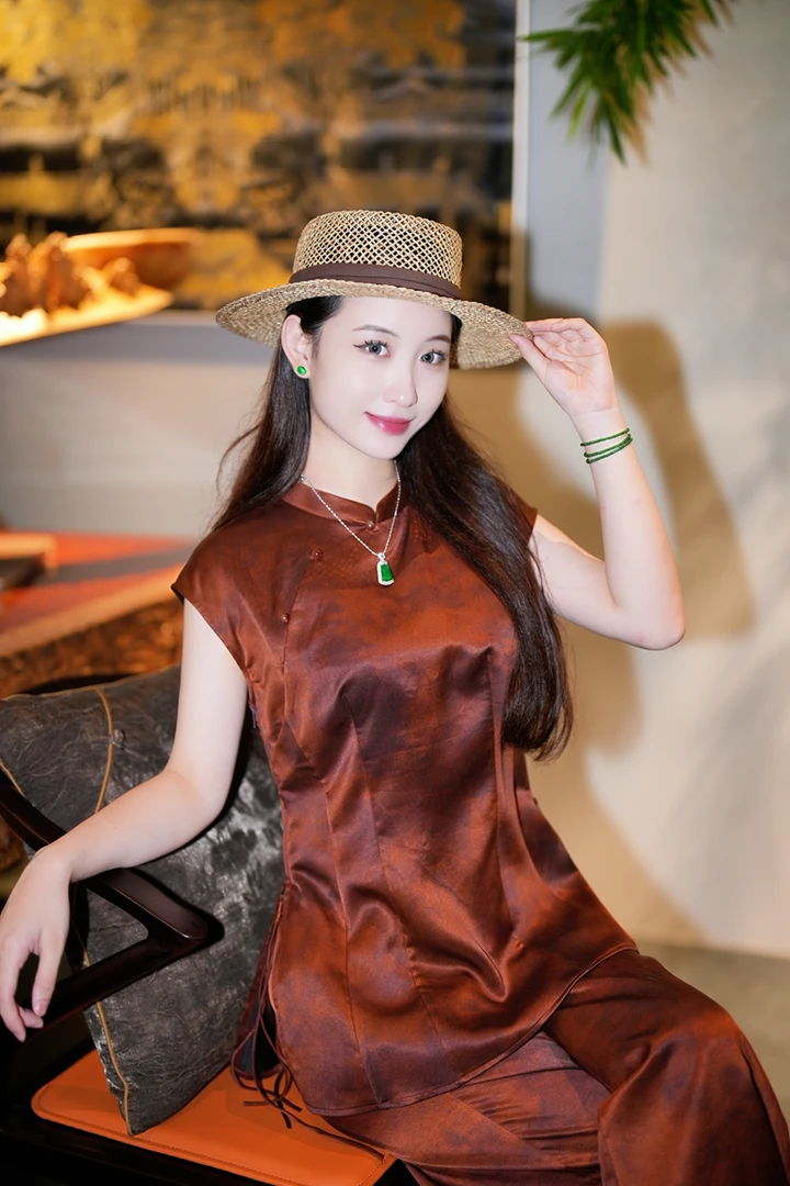 蓝大【阑珊】桑蚕丝立领开叉无袖新中式上衣7987