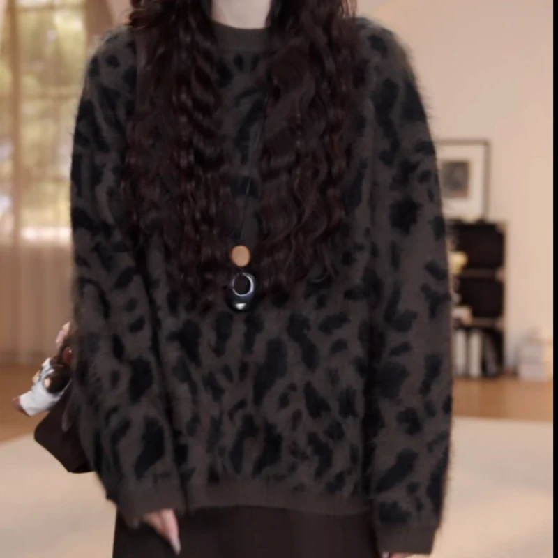 秋冬新款圆领豹纹套头百搭毛衣长袖针织衫LK2507048