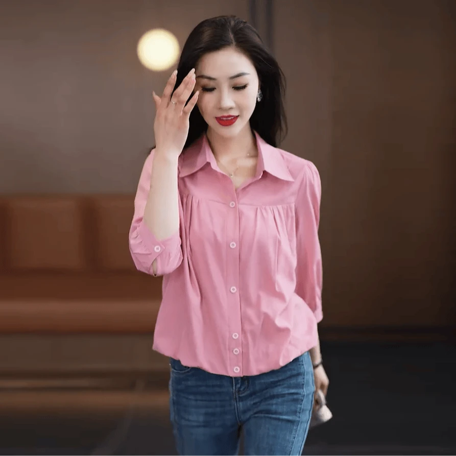 春夏季七分袖衬衫女2025新款韩版宽松显瘦百搭POLO领气质上衣小衫