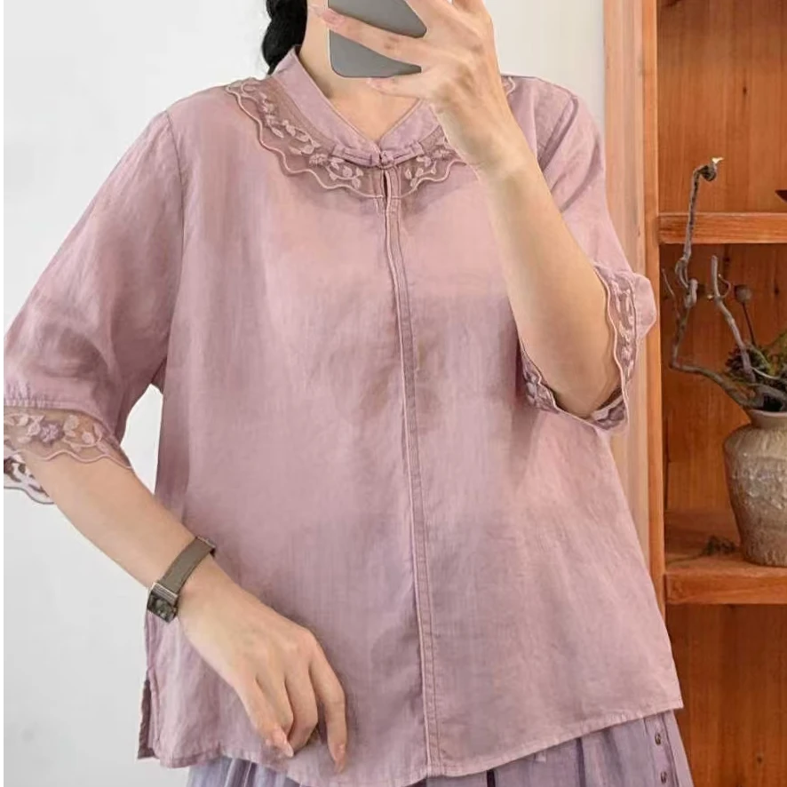 复古苎麻短袖立领刺绣花朵薄款宽松休闲上衣8850 肩40胸118长60