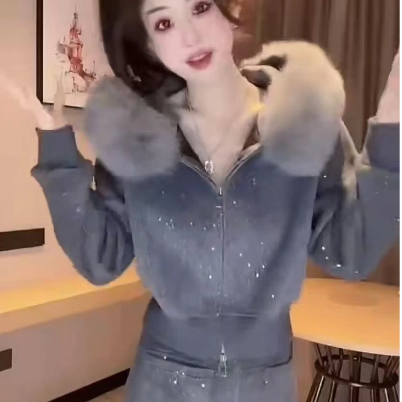 欧货爆款套装女2024年新款高级感大毛领连帽细闪上衣休闲裤两件套