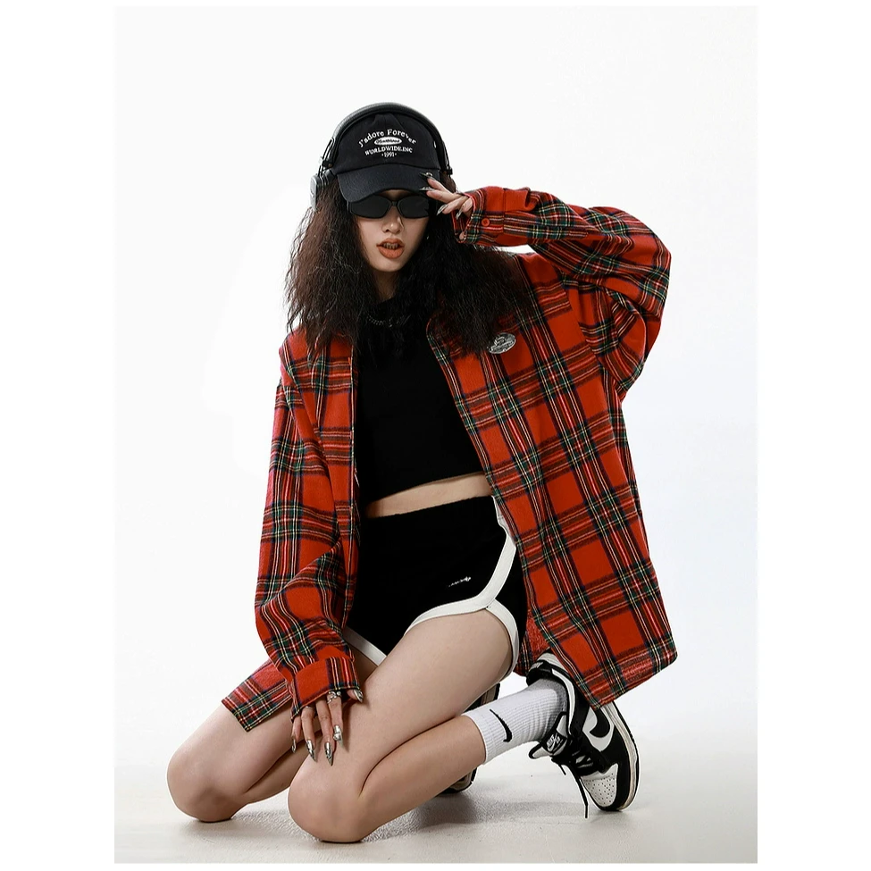 ICHMODE设计感宽松秋季长袖外套撞色格子慵懒潮流百搭秋季穿搭