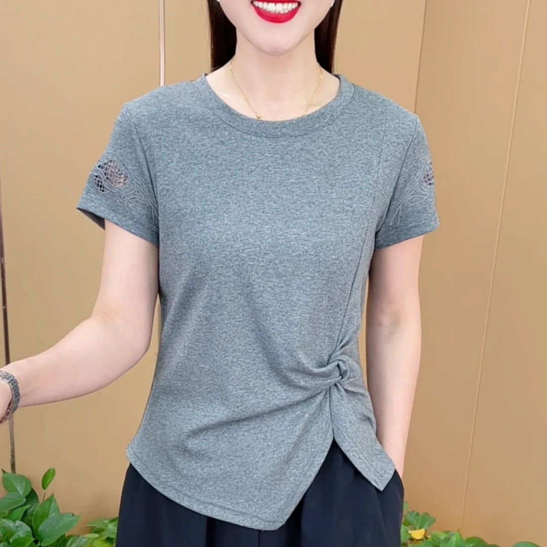 夏季新款时尚圆领收腰扭结褶皱设计纯色T恤休闲百搭短袖上衣M9106