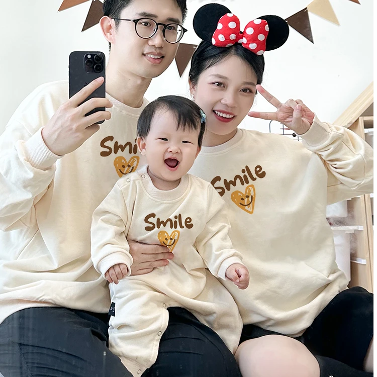 Smile笑脸婴儿满月百天周岁照亲子装一家三四口小月龄连体衣卫衣