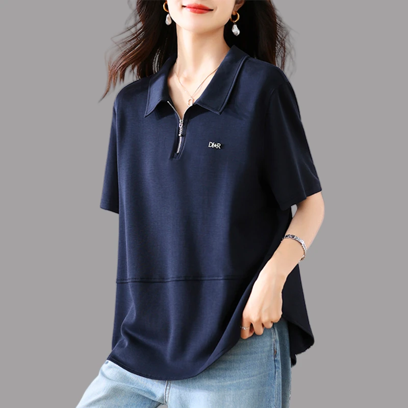 藏青色短袖t恤女2025夏季新款时尚减龄宽松休闲显瘦正肩体恤上衣