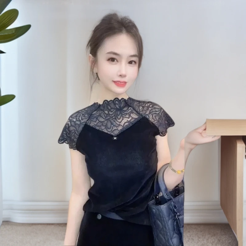 新款网纱拼接性感半高领长袖打底百搭洋气上衣修身显瘦网红t恤