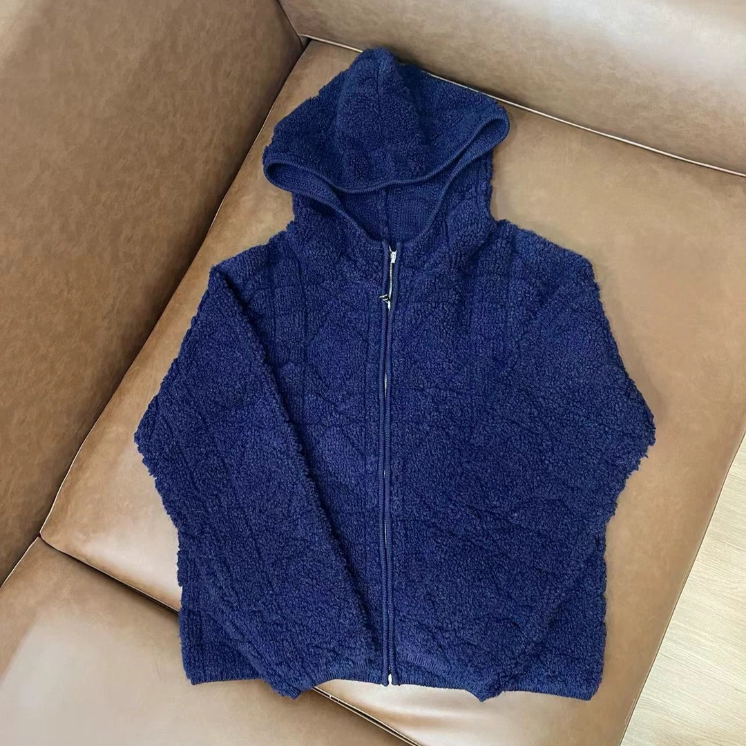 秋冬慵懒撞色粗条前后穿高冷宽松针织毛衣长袖毛衫蓝色时尚休闲