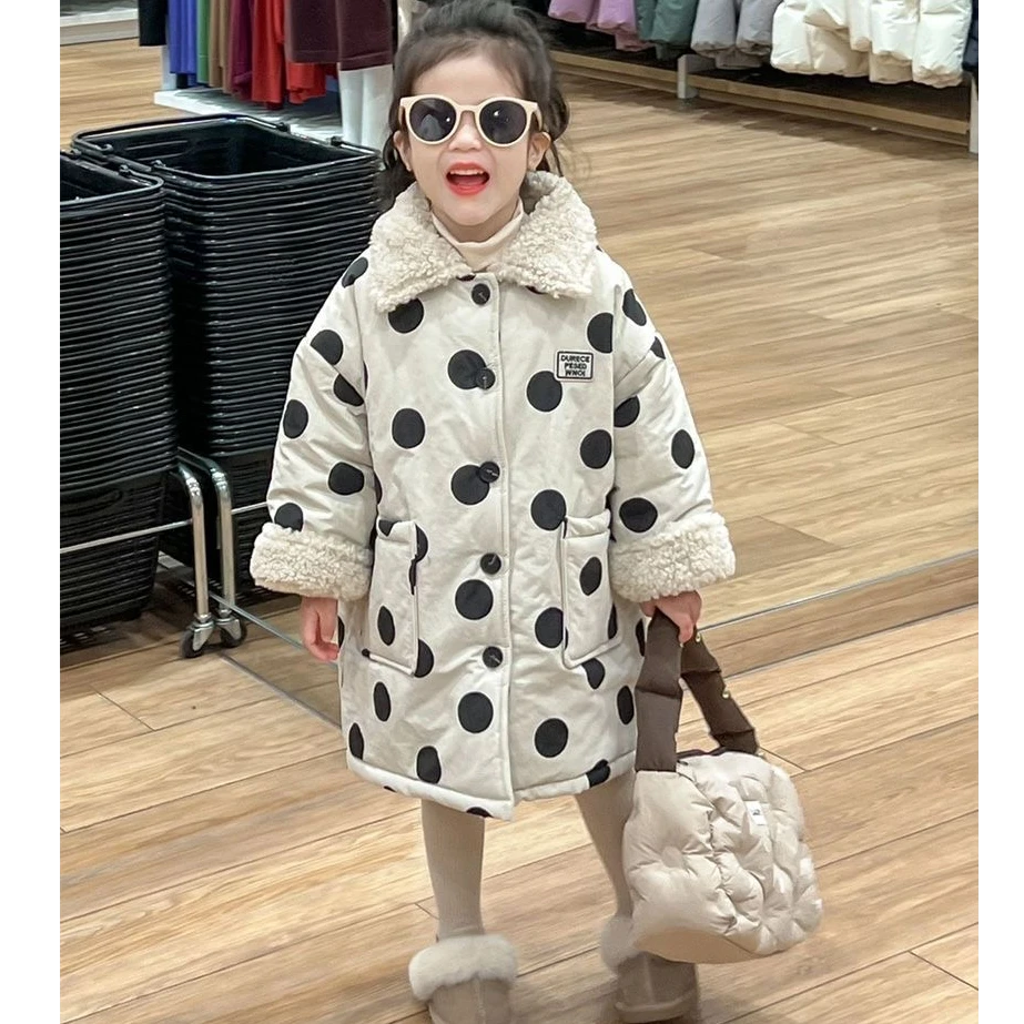 2024冬季新款儿童棉袄韩版童装女童夹棉外套保暖加厚波点长款棉服