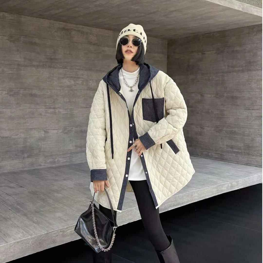 冬季新款欧韩牛仔拼接连帽女棉服外套11895