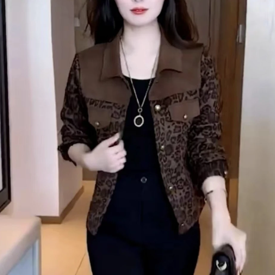 敏子家806秋冬季豹纹拼接夹克休闲外套