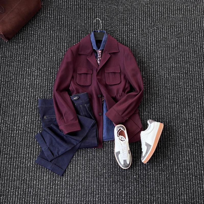 CssuGent那不勒斯皇后酒红复古收腰猎装夹克男英式工装多口袋外套