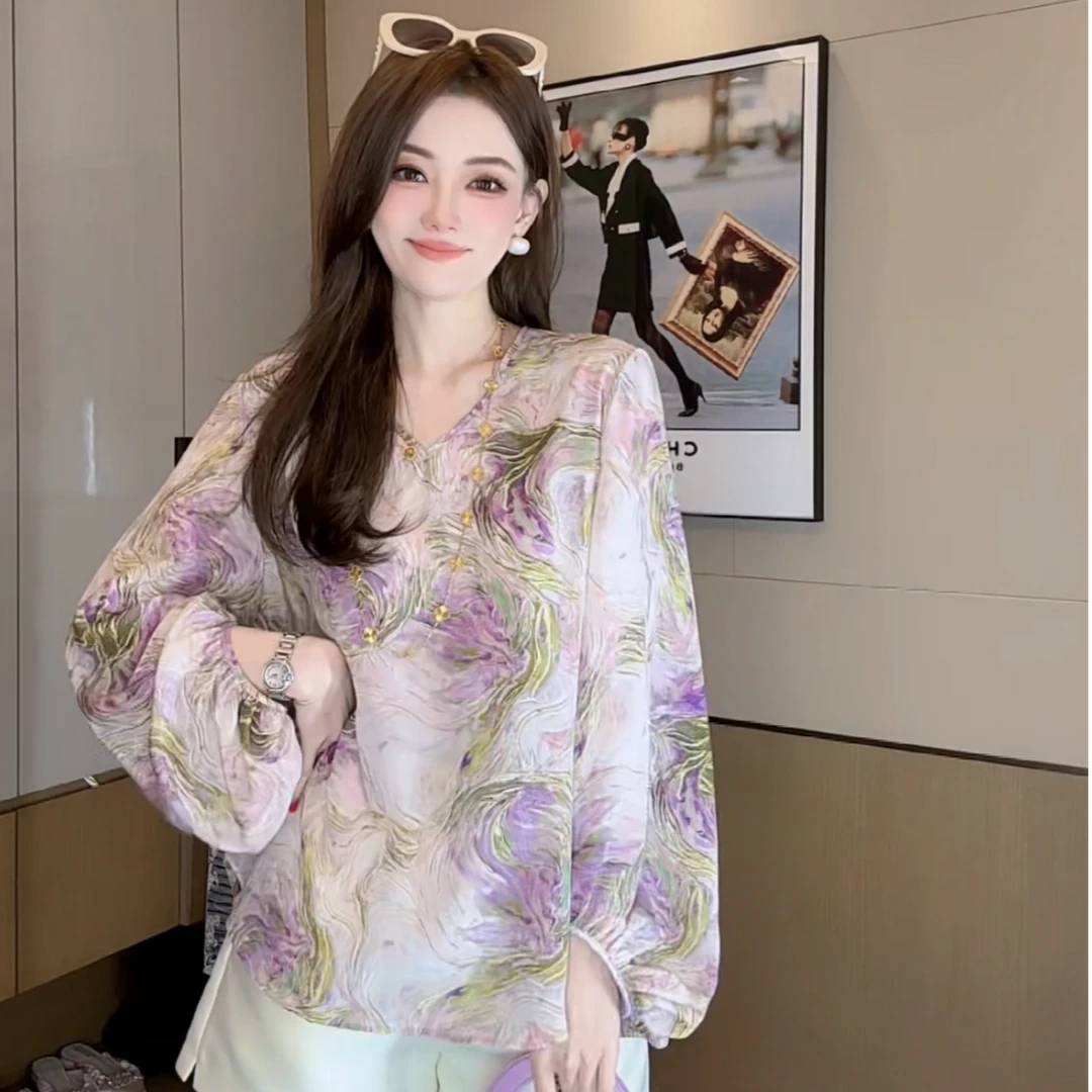 【丝芙玉禄】（F542）100%真丝双绉创意印花彩色桑蚕丝t恤上衣