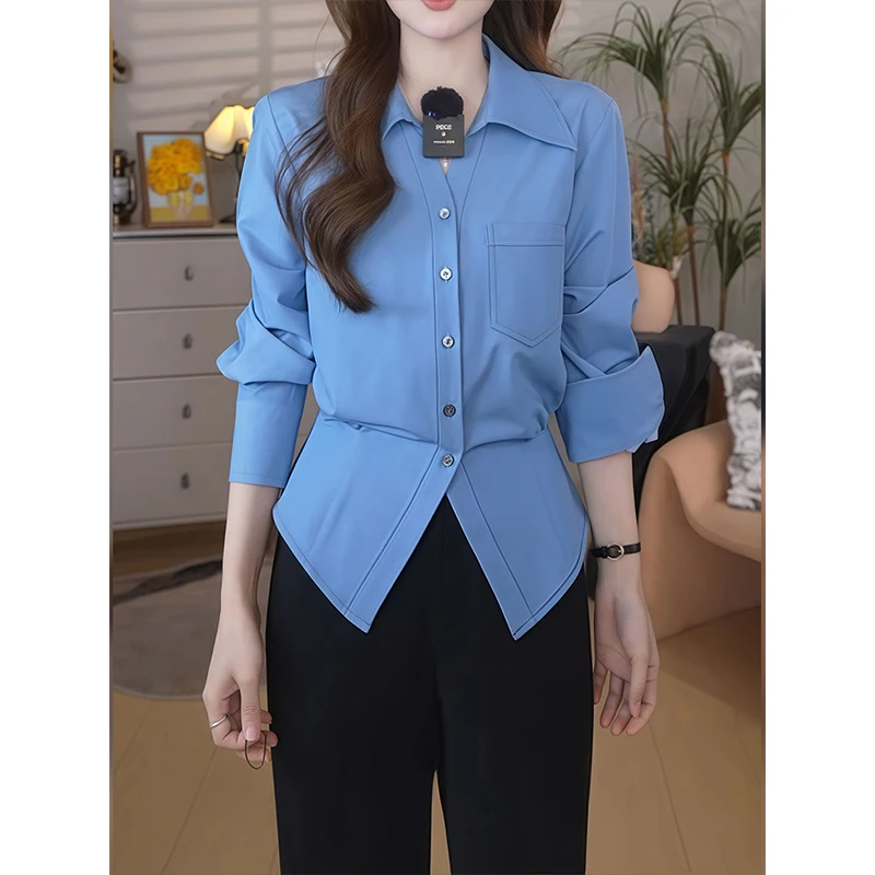 复古港风蓝色polo领收腰长袖衬衫衬衣女2025新款开春季高级感上衣