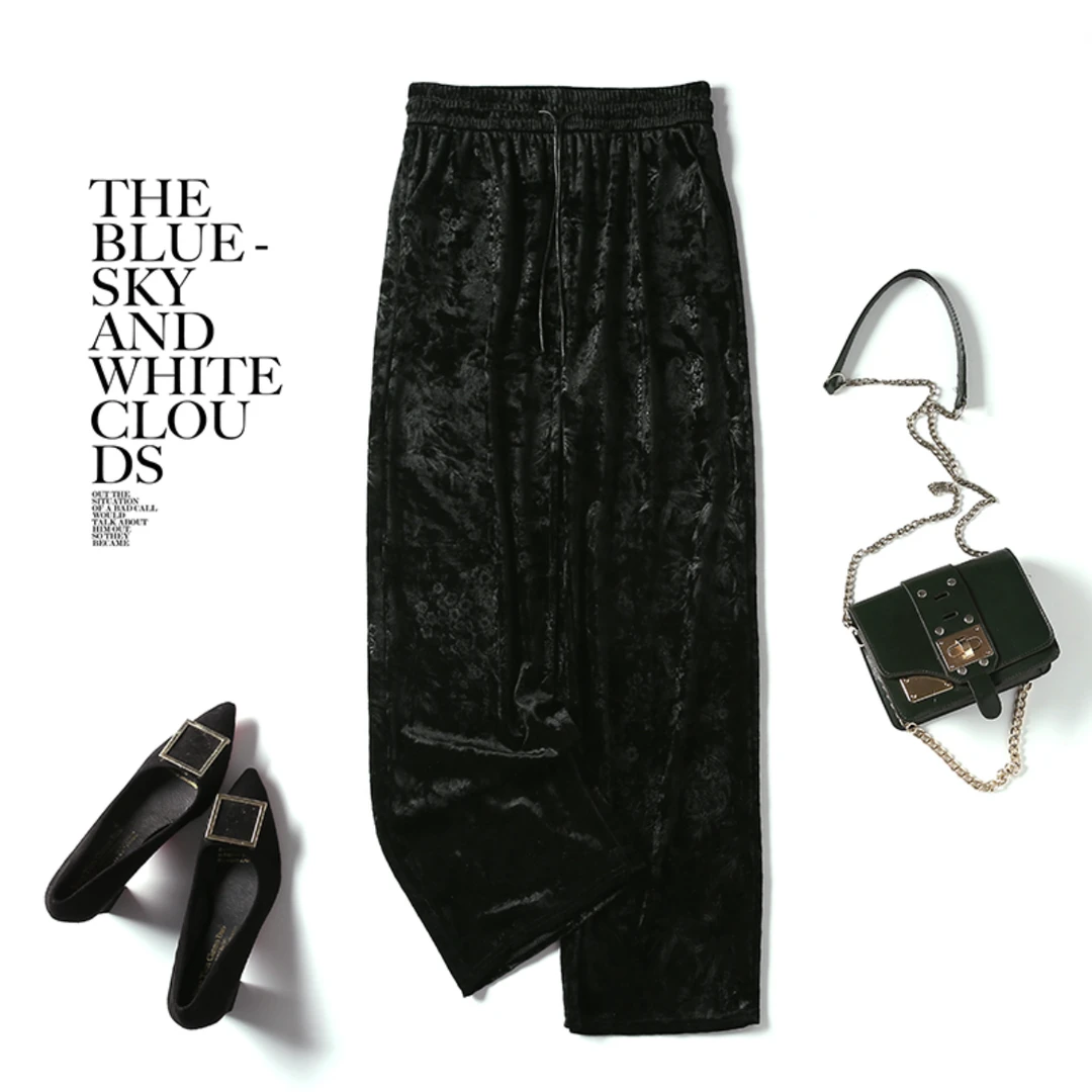 【春夏款撤柜】女春款竹叶刻花高腰显瘦桑蚕丝真丝绒直筒长裤