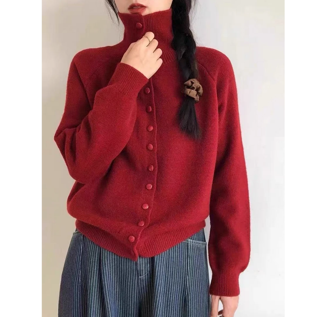 【高领开衫】复古气质高领多扣针织开衫女高级感单排扣百搭毛衣外套