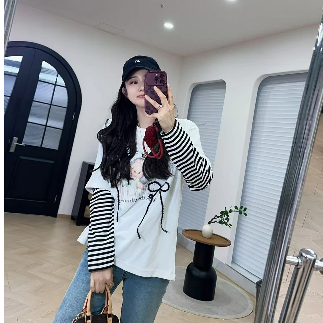 YX六TX200108新款蝴蝶结德绒体恤百搭宽松圆领韩版长袖