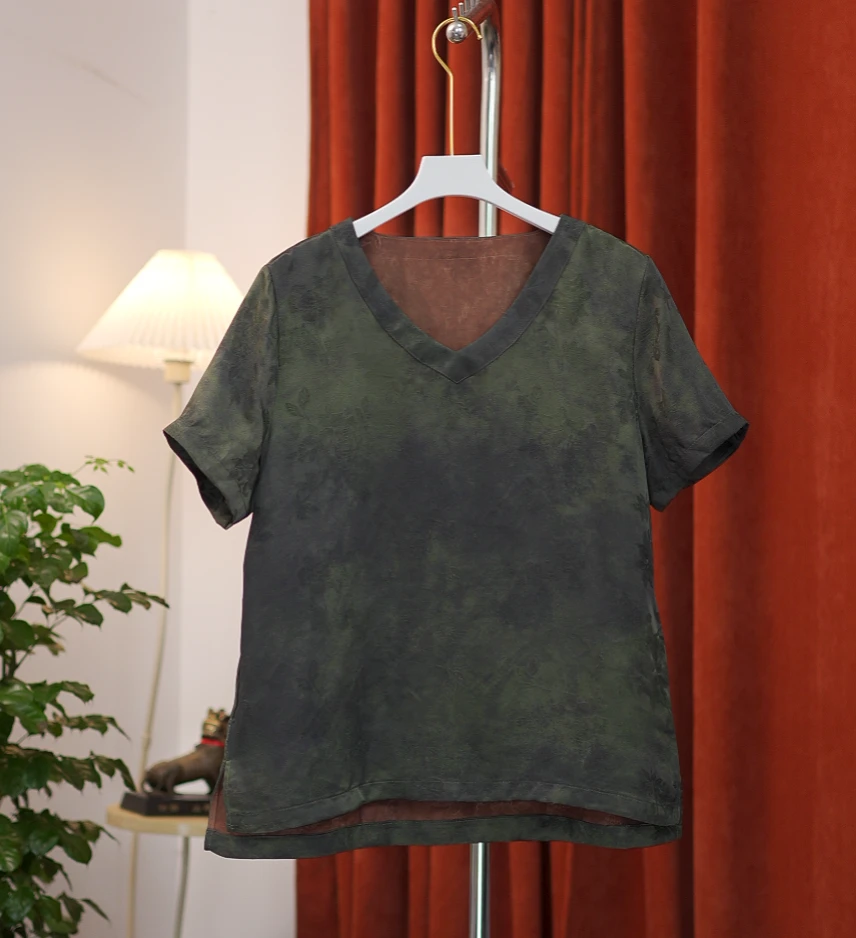 [绿华浓] 高定新中式短袖V领真丝香云纱短袖复古提花百搭宽松显瘦