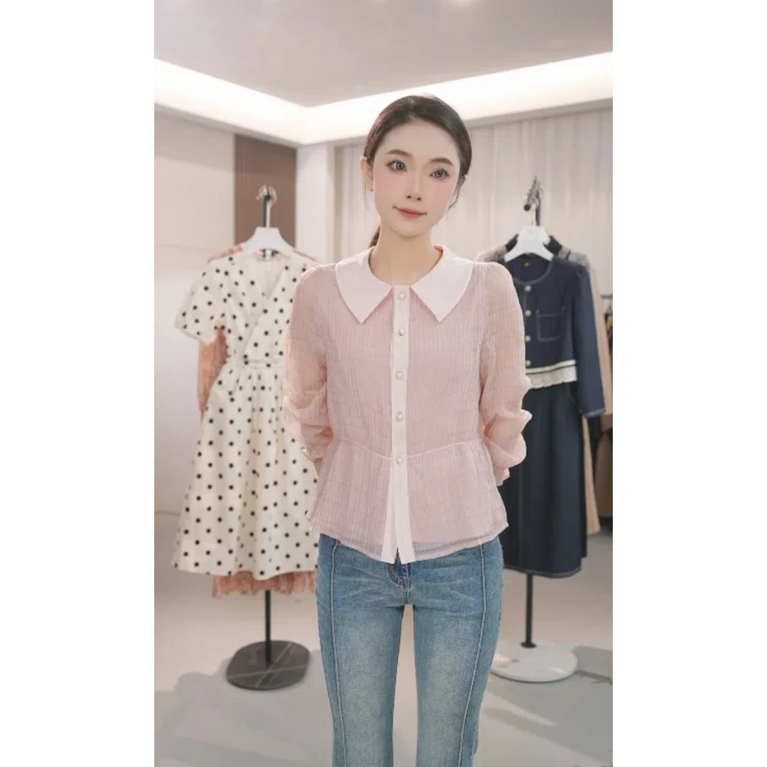 法式粉色长袖雪纺衬衫女2025春夏新款别致漂亮收腰小衫