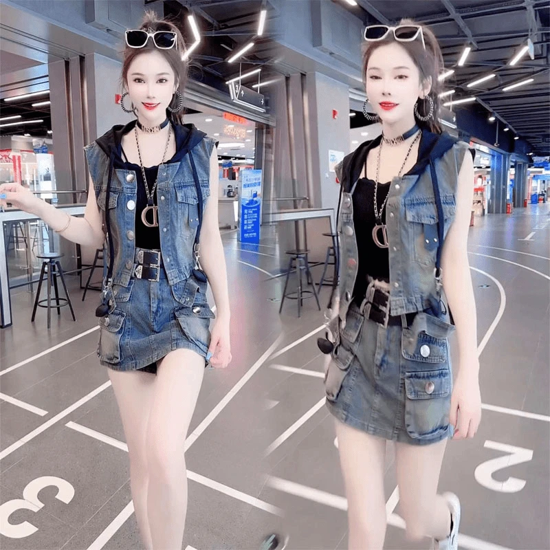 【马甲+短裤+腰带】2025年夏季网红新款时尚百搭休闲连帽牛仔套装女