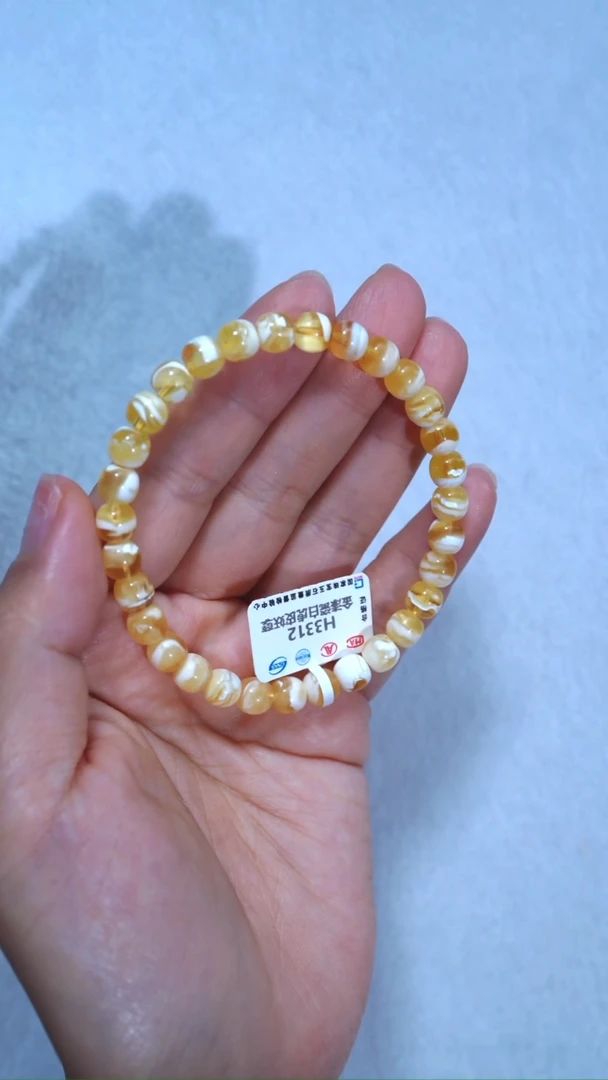 未镶嵌蜜蜡手链312，典藏级6.5mm金瓷白虎皮妖花