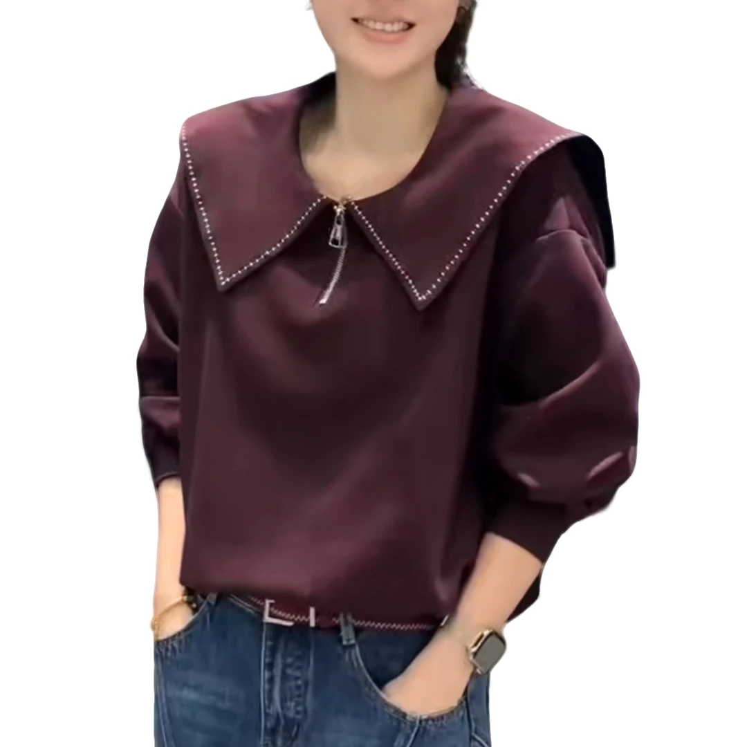 【洋玉服饰】女卫衣秋季百搭宽松型棉短款显瘦翻领海军领时尚潮牌