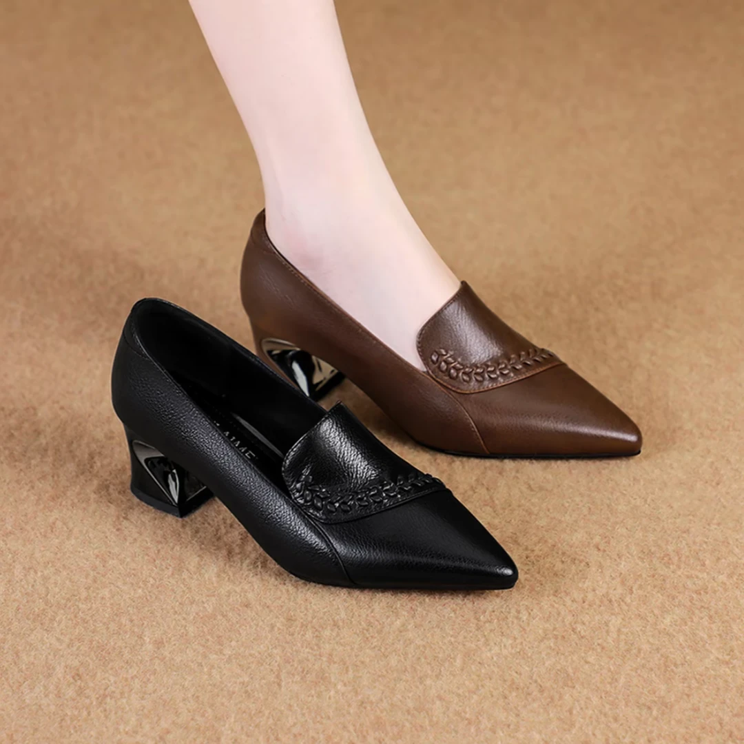 【有运费险】法式尖头秋季新款粗跟单鞋时尚百搭气质真皮女鞋