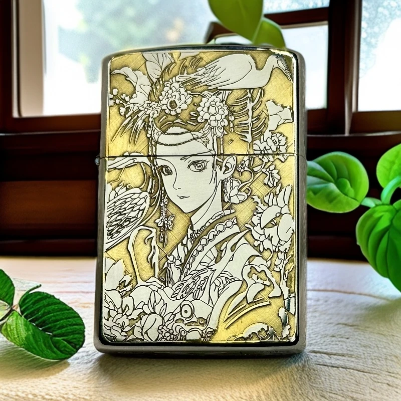 二代花旦精雕白镍古典美女图案防风打火机高档定位珠机芯