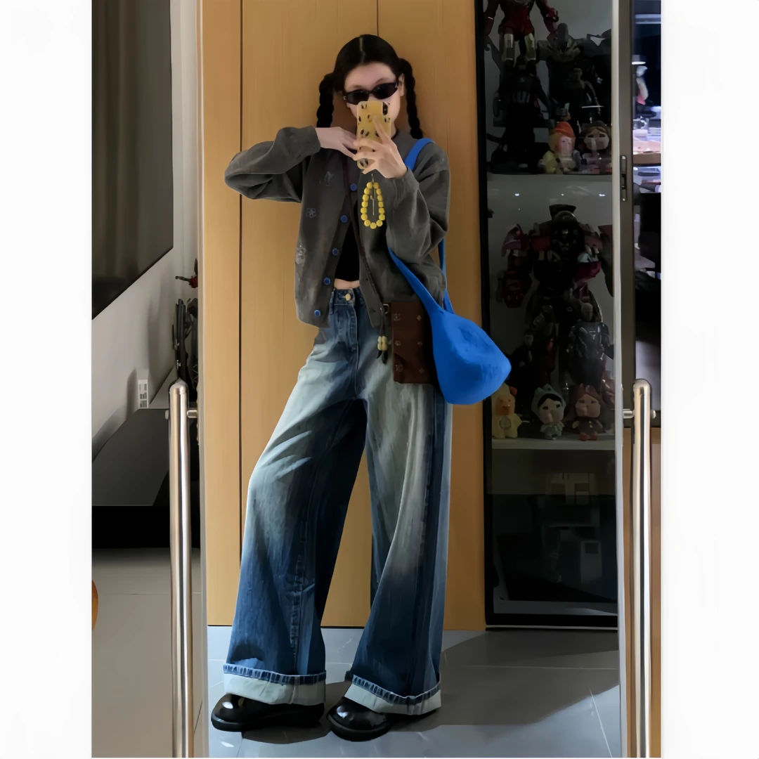 Chic纯欲风复古学院风穿搭小个子慵懒风减龄针织开衫+牛仔裤套装