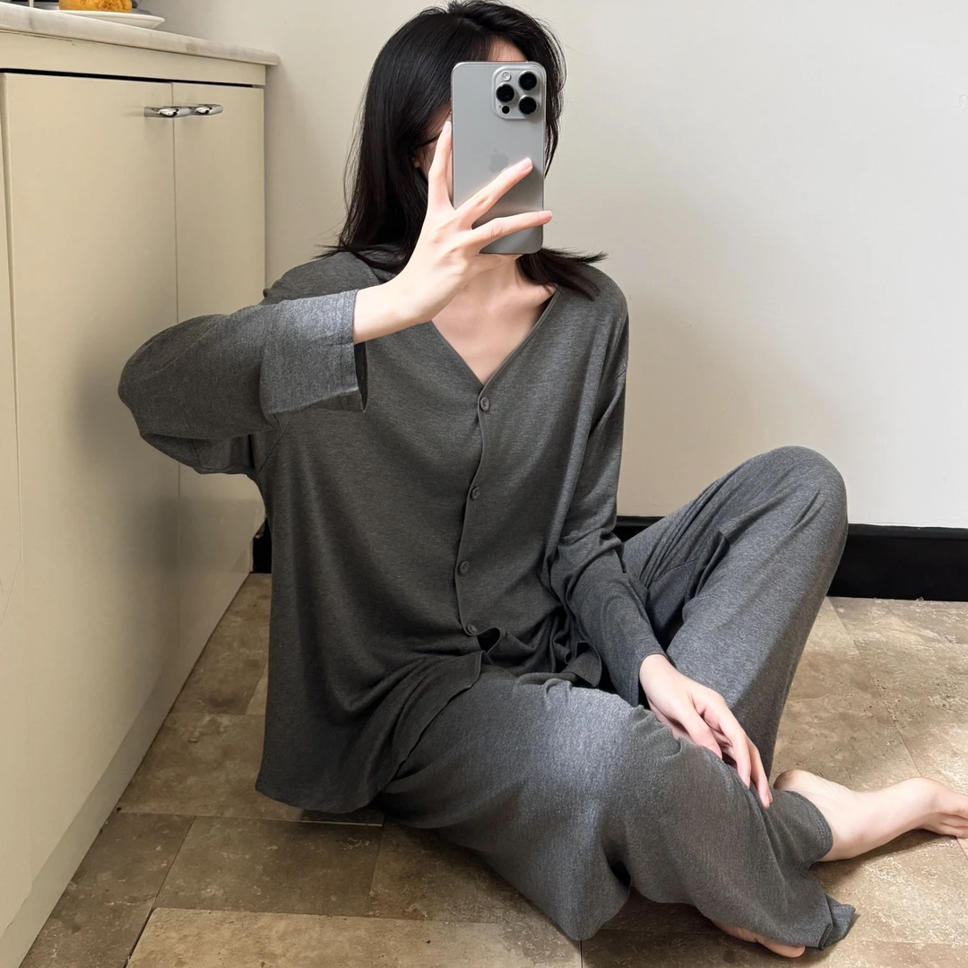 睡衣女春秋冬季V领开衫长袖亲肤可外穿家居服简约舒适柔软两件套