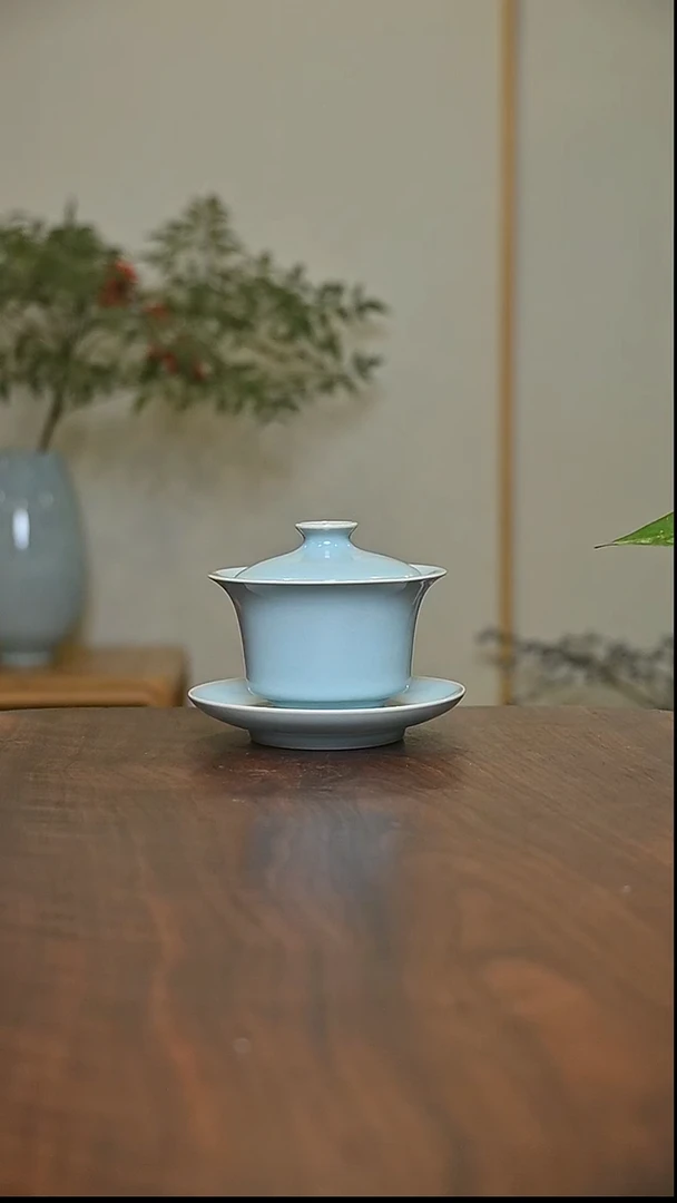 天青釉 手拉 马蹄盖碗 微瑕 朱法喜作品 120ml