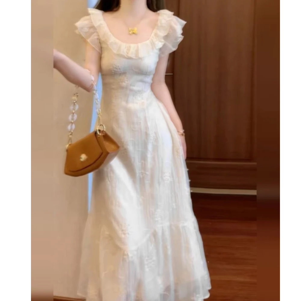 2025法式气质荷叶边白色连衣裙子女夏季收腰高级感超好看长裙3908