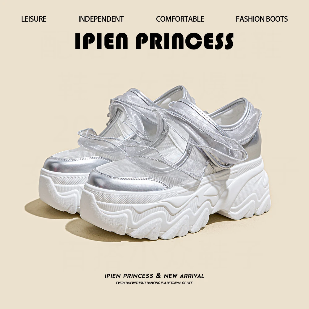 透气蕾丝边增高浅口松糕鞋女2025夏季新款网纱厚底魔术贴玛丽珍鞋