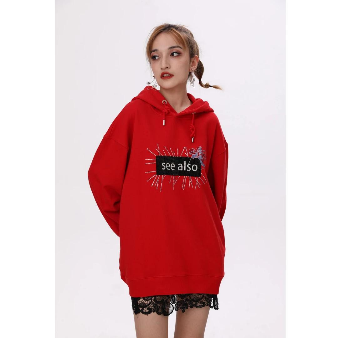 FAZX潮牌12001时尚休闲百搭纯棉连帽卫衣手工烫钻纯欲慵懒风女装