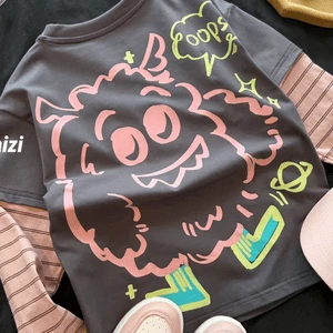 儿童假两件印花春秋款秋季森系卡通动漫洋气长袖字母秋装韩版t恤