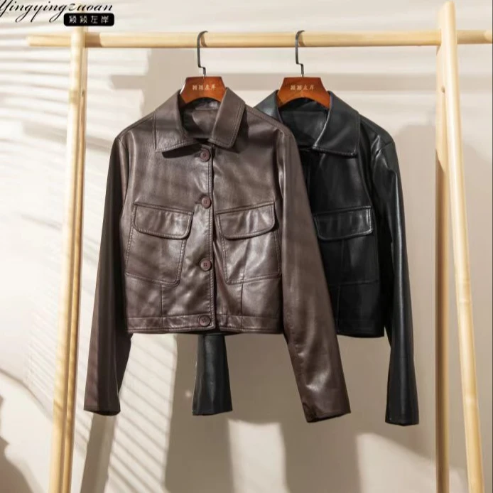 休闲绵羊皮外套皮衣女韩版宽松春秋短款皮夹克小外套-HYF